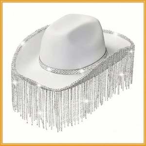 Sombrero de Vaquero con Borlas de Diamantes de Imitación de 12 cm, Sombrero de Vaquera Rosa Personalizado para Fiesta Rave Jazz - Product Image 2