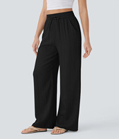 Pantalon Palazzo Ample Décontracté pour Femme en Mélange Coton/Nylon/Viscose, Couleur Unie, Coupe Large, Longueur Entière, Taille Mi-Haute avec Cordon Élastique et Poches