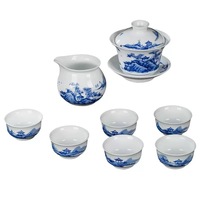 Jingdezhen Traditionelles Chinesisches Handbemaltes Blau-Weißes Porzellan Kung-Fu-Tee-Set Landschaftsmuster Hochwertiger Weißer Ton
