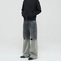 Jeans en denim délavé dégradé bicolore personnalisé à marque privée, coupe droite ample, effet vieilli, style rétro, streetwear pour homme