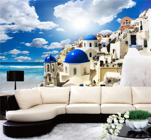 Papel Tapiz Impermeable con Diseño Moderno de la Iglesia de la Cúpula <span class=keywords><strong>Azul</strong></span> de Santorini, para Baño y Dormitorio, Fácil Instalación, Uso Doméstico, 5 Años de Duración - Product Image 1