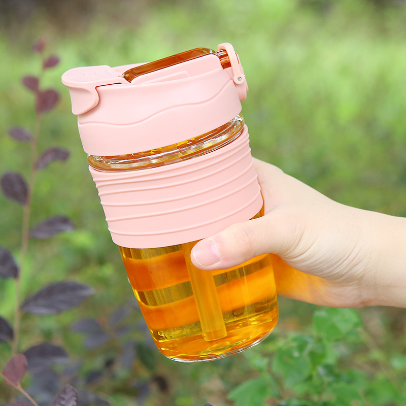 350ml 500ml single layer glass water bottle with silicone sleeve high borosilicate glass water cup