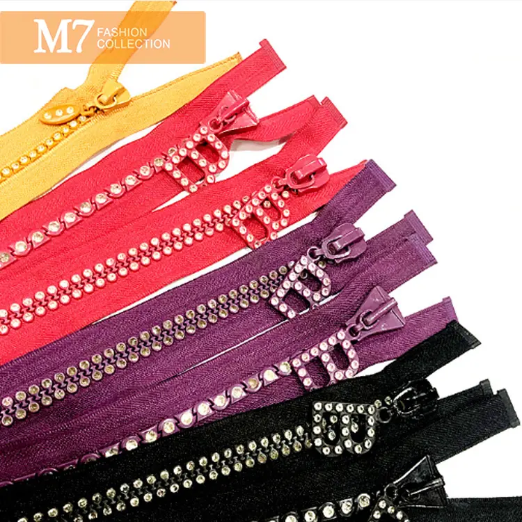 ZM204 reçine biblo Zip giyim pantolon elmas diş aksesuarları fermuar özel renk Logo açık uç giysi fermuarlar
