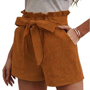 Pantalones cortos de lino de alta calidad para mujer 100% tela natural con bolsillos MOQ bajo proporcionado - Product Image 1