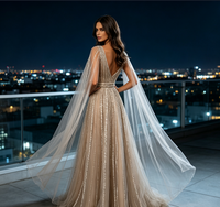 Robe de soirée longue en tulle à sequins grande taille, col en V profond, manches cape, pour banquet et soirée formelle