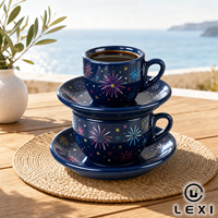 Conjunto de Xícara e Pires de Porcelana Azul Marinho com Padrão Brilhante de Estrelas e Efeito de Fogos de Artifício, Louça Festiva Azul Lavanda, Rosa e Amarelo