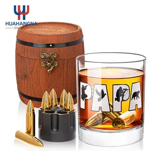 Uniek Aangepast Logo Ouderwetse Ronde Whiskyglas En Roestvrijstalen Kogels Whiskystenen In Vat Geschenkdoos