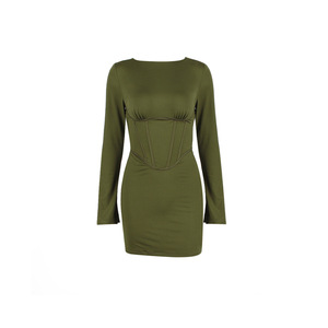 Abito Corto Sexy da Ufficio per Donna Taglie Forti, a <span class=keywords><strong>Maniche</strong></span> <span class=keywords><strong>Lunghe</strong></span>, con Cintura in Vita, Scollo sulla <span class=keywords><strong>Schiena</strong></span>, Stile Corsetto, Linea ad A, Traspirante e Avvolgente - Product Image 1