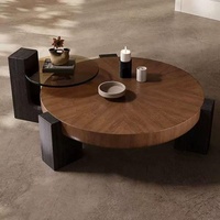 Table basse ronde en bois massif avec pieds noirs en bloc, table d'appoint en verre trempé, design sculptural, profil bas, vente en gros