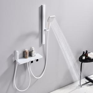 Ensemble de douche thermostatique élégant en laiton blanc Pomme de douche à cascade triple fonction avec tige de levage réglable et support de rangement - Product Image 1