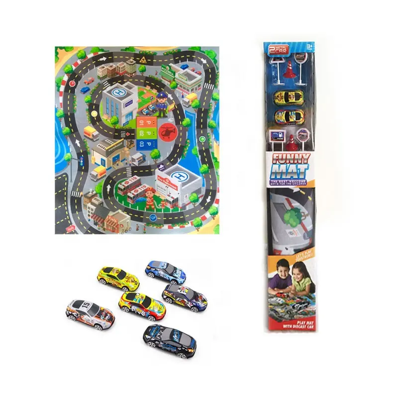 EPT Hot selling children play game cloth mat carpet with 2 metal cars & road sign play mats gaming mat