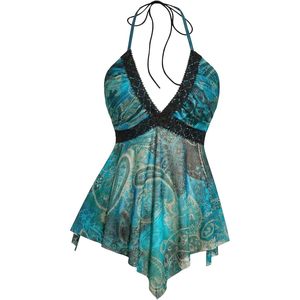 Women's Chiffon Halter <b>Top</b> Empire Waist Asymmetrical <b>Flowy</b> Backless Party Club Outfit Breathable - Product Image 1