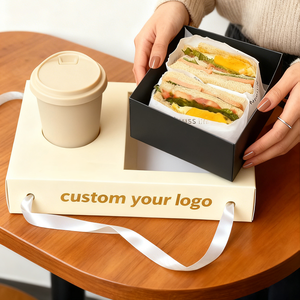 Boîte à lunch portable avec <span class=keywords><strong>porte</strong></span>-gobelet intégré, plateau en papier personnalisé pour sandwichs, toasts et boissons, à tenir à la main - Product Image 2