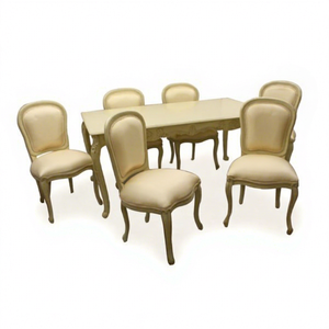 Ensemble de table à manger rectangulaire vintage moderne en blanc ivoire, 6 chaises, bois de teck massif, cuir synthétique, maison, hôtel, villa, luxe, sculpté - Product Image 1