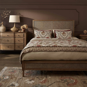 American Country Vintage Double <strong>Bed</strong> Solid Oak <strong>Pine</strong> and Teak Rattan <strong>Bed</strong> for Master Bedroom for Home or Hotel Furniture - Product Image 2