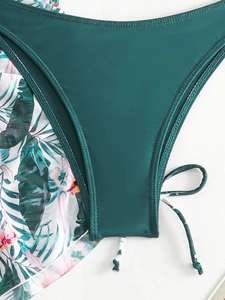 S-XL Bikini üç parçalı Set yaprak baskı bel bağlı moda uzun kollu plaj güneş geçirmez mayo seti 3 paket - Product Image 6