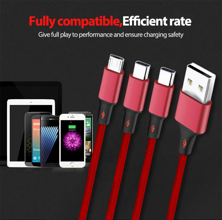 Customized logo 1.2 meter nylon braided 3 in 1 usb charging cable for Phone mobile phone charger gift customize