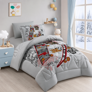 Juego de Ropa de Cama Infantil con Diseño de Skateboard, Edredón Acolchado con Tema Urbano para Niños, Decoración para Habitación Juvenil en Gris y Rojo - Product Image 1