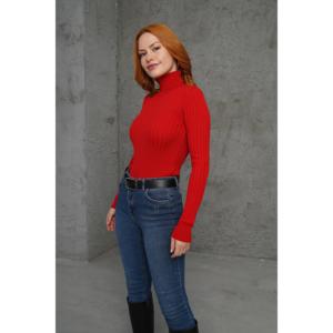 Suéter de Punto con Cuello Alto y Detalle Acanalado Rojo para Mujer, Marca Lustrin - Venta al Por Mayor, Talla Estándar, Poliéster y Elastano - Product Image 2