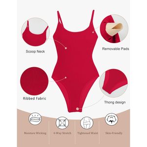 Traje de baño rojo de una pieza para mujer, cuello redondo, acanalado, adelgazante, traje de baño de torso largo, corte cheeky, talla M - Product Image 4