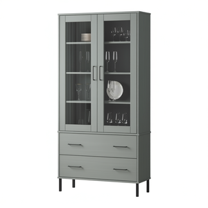 Gray <b>Solid</b> Pine <b>Wood</b> Glass <b>Bookcase</b> With Metal Frame Modern Living Room Furniture Etagere Shelf 4 Shelves Freestanding - Product Image 1