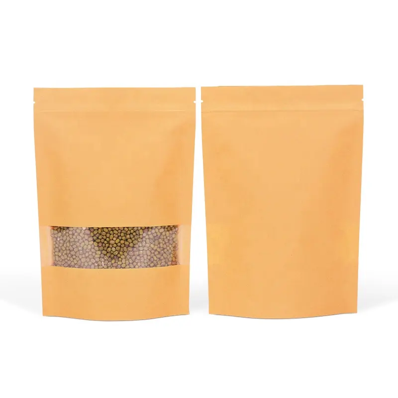 Meilleur prix emballage de haute qualité 2 couches pochette marron de qualité alimentaire Stand Up sac en papier Kraft avec fenêtre transparente