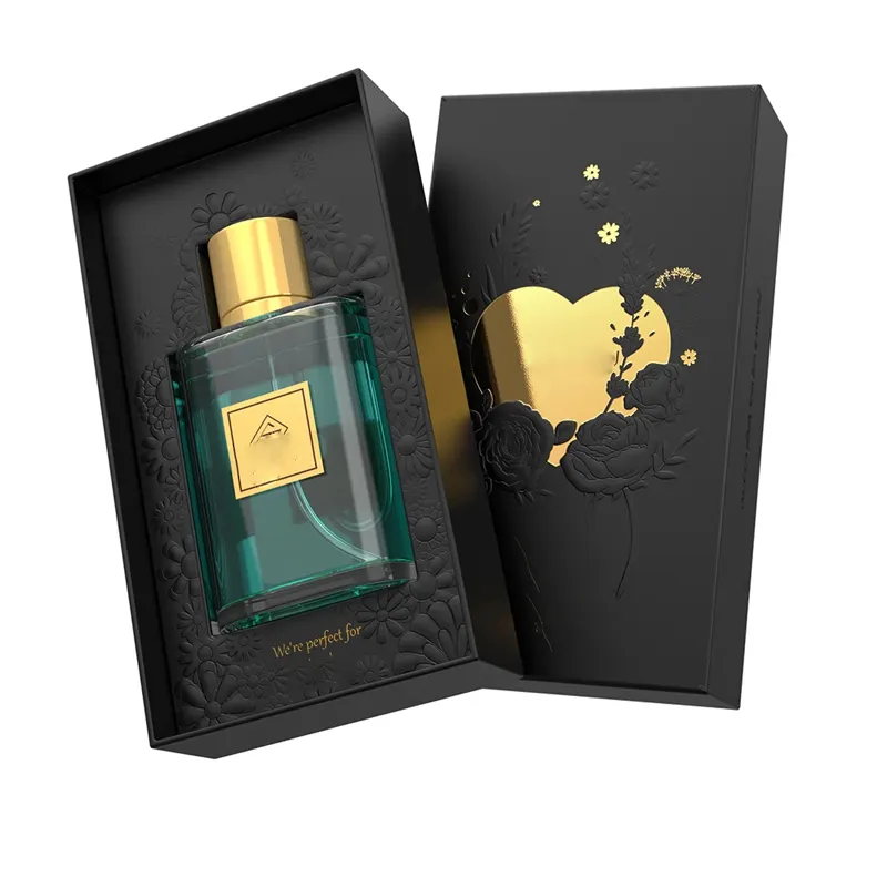 Caixa de presente com bandeja interna para embalagem de óleo essencial, frasco de perfume de joia e velas com logotipo rígido em folha de ouro personalizado preto