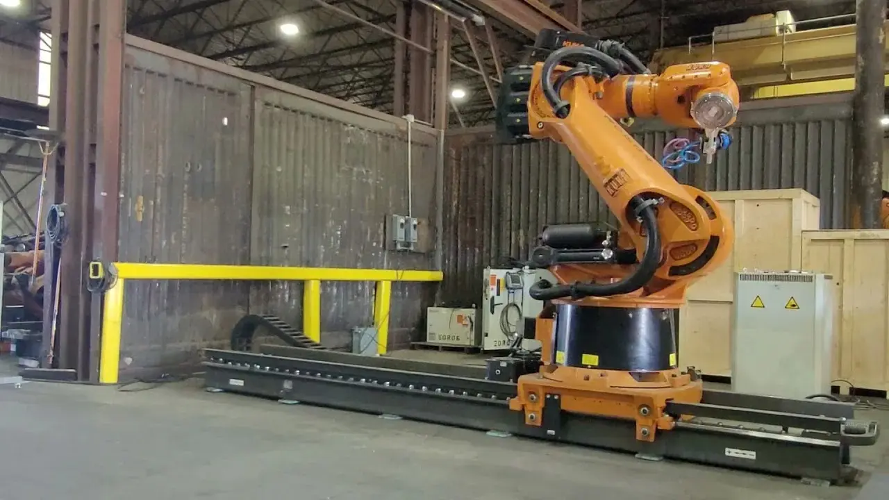 Robot rel linier rel lurus, dengan KUKA KR 120 R3100 Robot industri untuk perakitan penanganan palletisasi lengan Robot linier