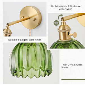 Rustic <b>Wall</b> Lamp Green Glass Shade E27 Copper Body <b>Switch</b> Control LED <b>Light</b> Source <b>Wall</b> Mounted Bedroom Lighting - Product Image 4