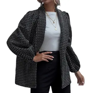 Custom Fashion Excellent Quality Comfortable Ladies Shawl Neck Lantern Sleeve Tweed Coat