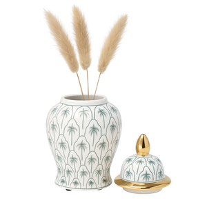 Vaso decorativo in ceramica con motivo a palme e bordo dorato per l'arredamento del soggiorno. - Product Image 2