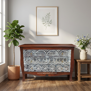 Buffet de rangement ancien traditionnel en bois massif avec 3 tiroirs, style ferme, pour salons/salles à manger, fait main - Product Image 4