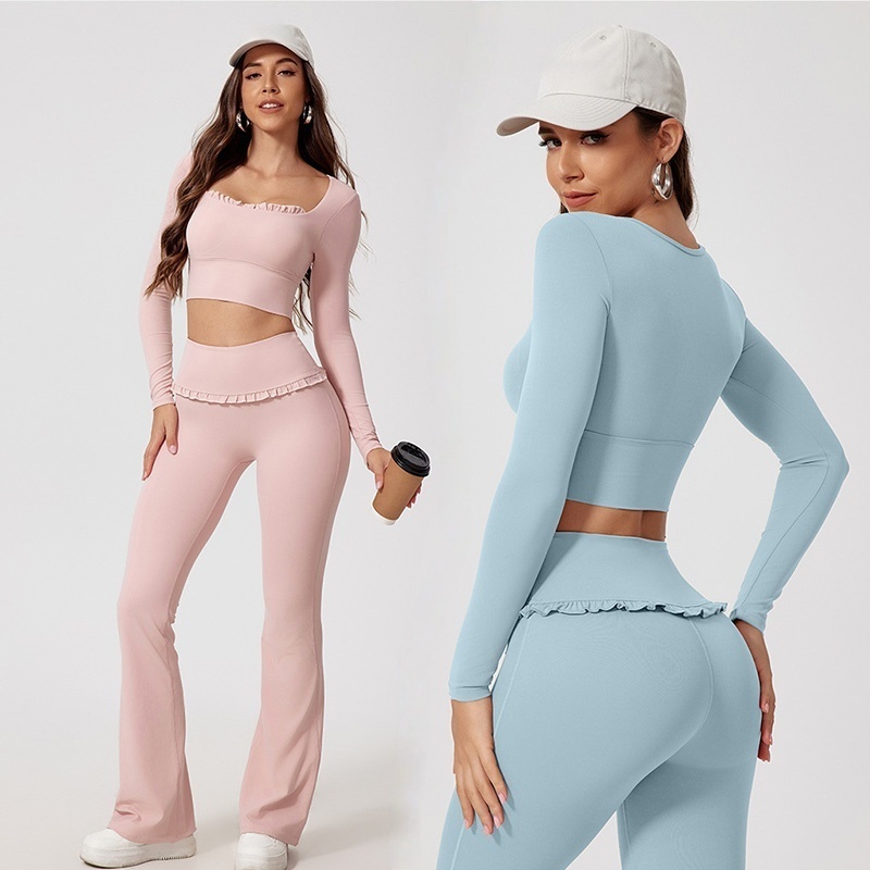 Seamless Square Neck High Waist Long Sleeve Yoga Set Women Nude Feel Quick Dry Running Fitness Sports Wear Suit