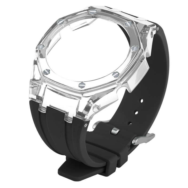 Estuche transparente + correa negra