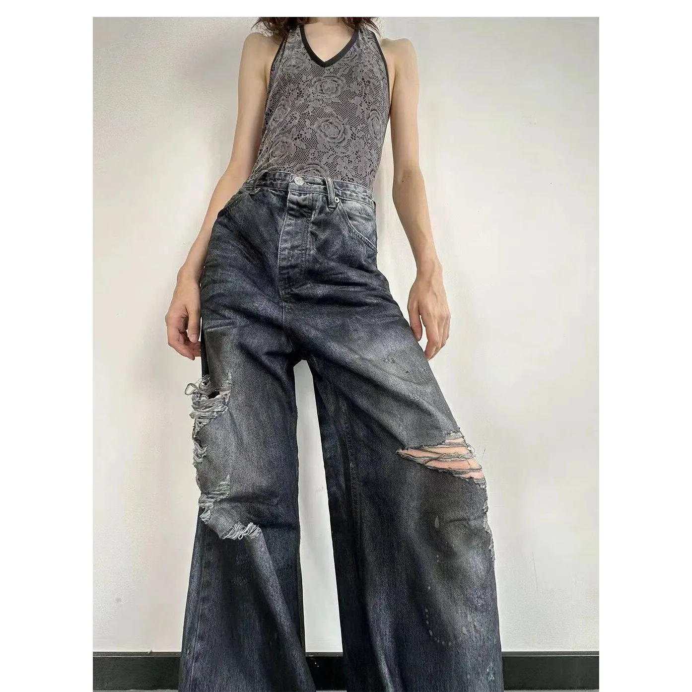 A8802 Mode lässig damen lange Hosen Übergröße Ausschnitt breite Beine Hosen lässig Damen Jeans