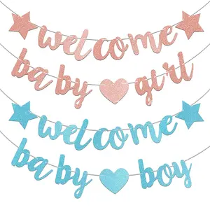 Baby shower party decorations Welcome baby boy girl banner Welcome little one pull flag glitter banner