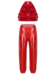 Top Corto de Baile de Salón Estándar para Niñas de 6 a 16 Años con Pantalones Metálicos para Competencia, Actuación en Escenario, Espectáculo Escolar - Product Image 3