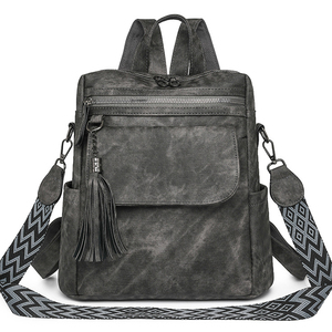 Sac à dos vintage personnalisé pour femme en cuir PU, multi-poches, fermeture éclair, sac à dos décontracté pour femme, sac de voyage quotidien avec pompon, OEM ODM - Product Image 3
