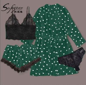 Sfy-y5039 Conjunto de Pijama de Satén Transpirable y Suave para Mujer, Manga Larga, Cintura Elástica, Camiseta de Encaje Transparente, Pantalones y Bata para Verano - Product Image 5