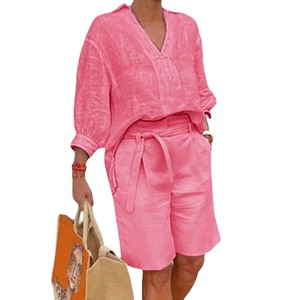 Boutique Wholesale 2025 Summer New <strong>Fashion</strong> V-neck <strong>Cotton</strong> Linen Loose Shirt Casual Shorts Women's Set - Product Image 5