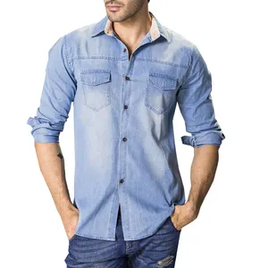 Мужские джинсовые рубашки-карго с длинным рукавом, синие, оптом, 2021