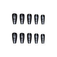 Ensemble de faux ongles gothiques en forme de cercueil, 24 pièces, design squelette noir et blanc, réutilisables, en acrylique, pour Halloween et usage quotidien