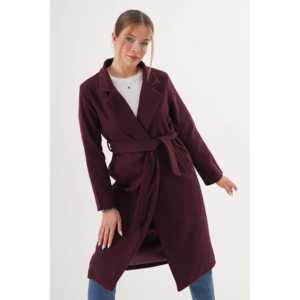 Abrigo de lana para mujer color borgoña, manga larga con cinturón, abrigo cálido para invierno - Product Image 2