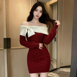 Vestido de Punto Trenzado con Bloques de Color para Mujer, Detalle de Lazo, Manga Larga, Ajuste Delgado, Vestido Suéter Casual de Moda para Dama - Product Image 2