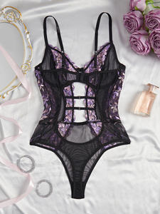 Lingerie féminine une pièce en maille fine transparente avec broderie florale, Teddy Babydoll, nuisette, body <span class=keywords><strong>sexy</strong></span> pour <span class=keywords><strong>femme</strong></span> mature, fermeture dorsale - Product Image 5