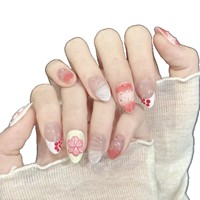 Faux ongles à presser personnalisables en acrylique, motif fleur de cerisier printanière, breloques florales 3D, rose nude, courts, forme amande, vente en gros