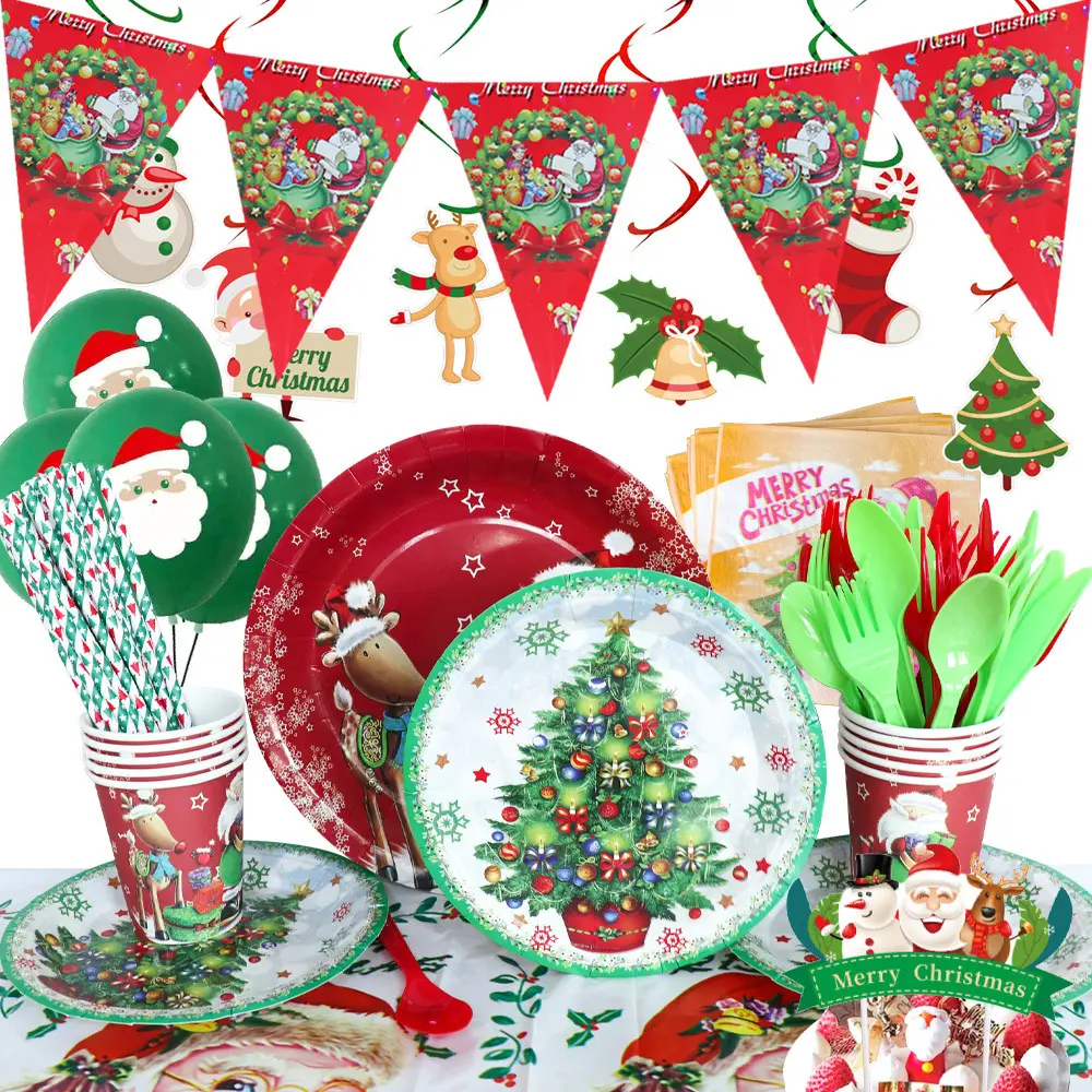 Conjunto de talheres para festa, tema de natal, festa, placa de papel, toalha, festa