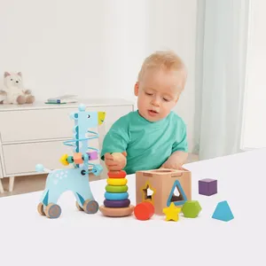 Wooden Montessori Educational Toddlers Toys for Kids baby early Learning Bead Maze Matching Shapes Rainbow Stacking Ring Tower