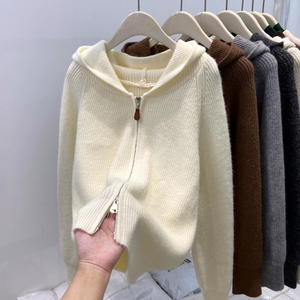 여성용 후드 니트 가디건 지퍼업 긴팔 크림 솔리드 컬러 가죽 지퍼 풀 캐주얼 아우터웨어 - Product Image 3