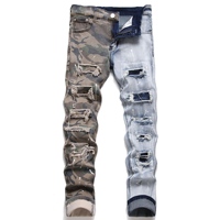 Jeans camouflage à jambes fendues pour hommes, patchwork contrastant, denim slim, effet empilé, streetwear déchiré, décontracté, personnalisé, OEM